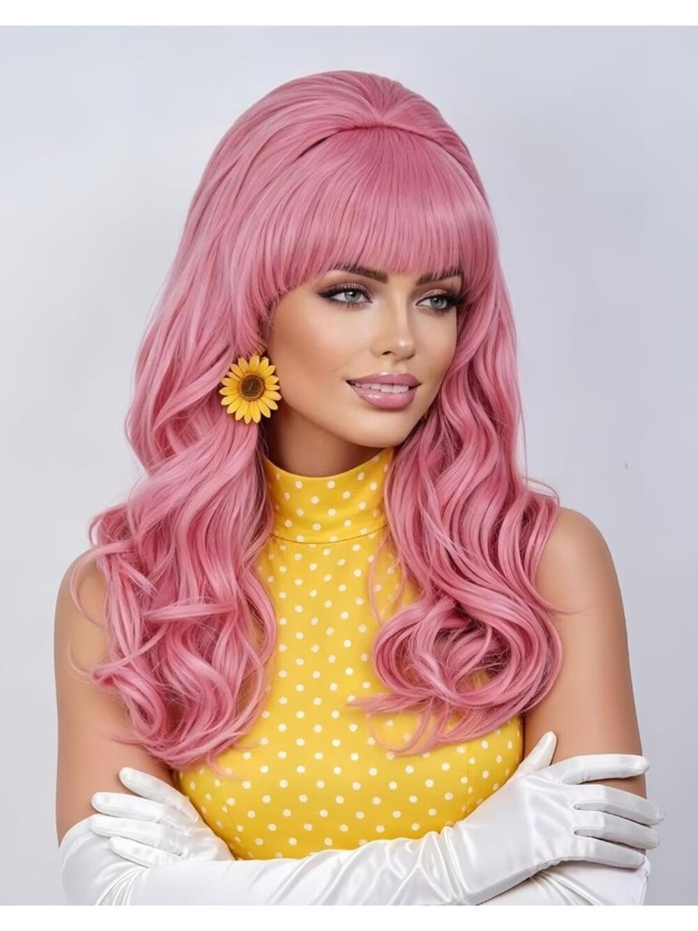 Women's Pink Heat Resistant Synthetic Fiber Retro Long Wavy Wigs Bangs
